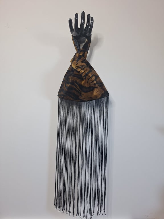 Tiger print faux fur fabric Japanese Knot bag with 48cm black tassel trim 