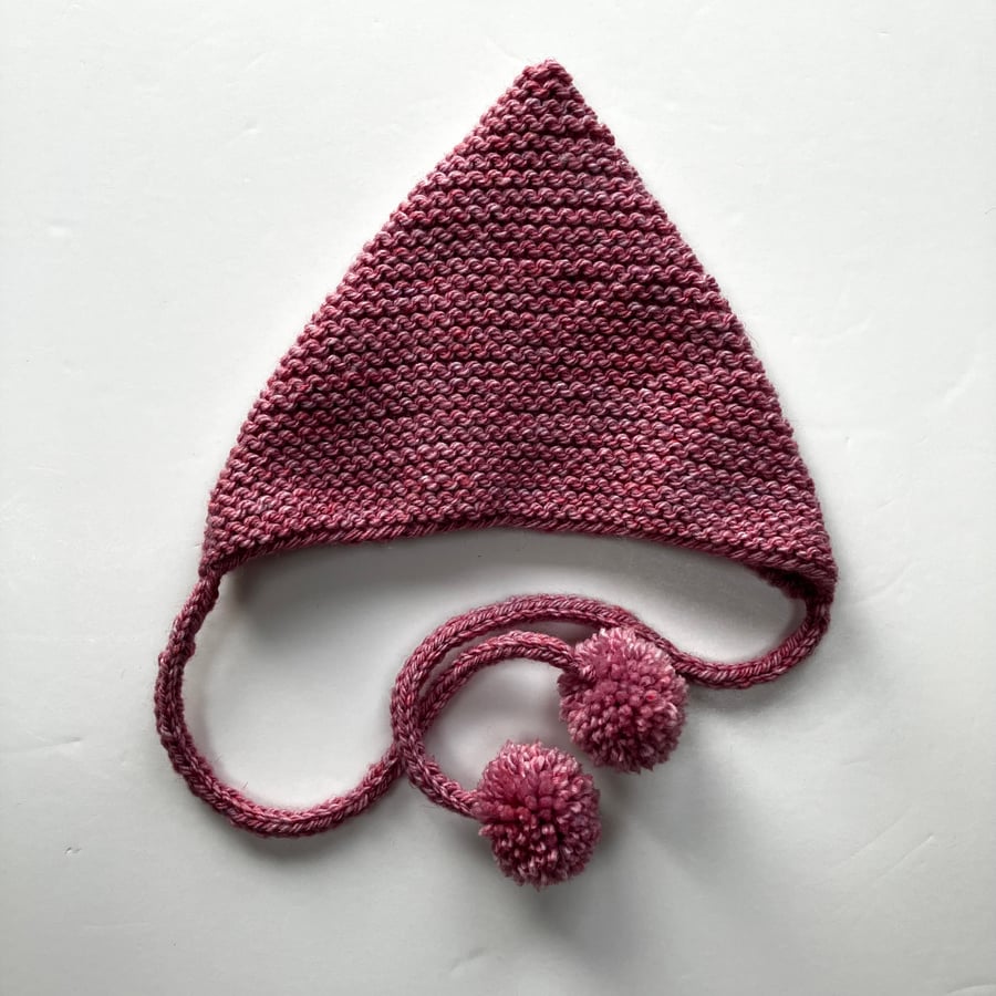 Hand knit pink baby pixie bonnet with pompoms 