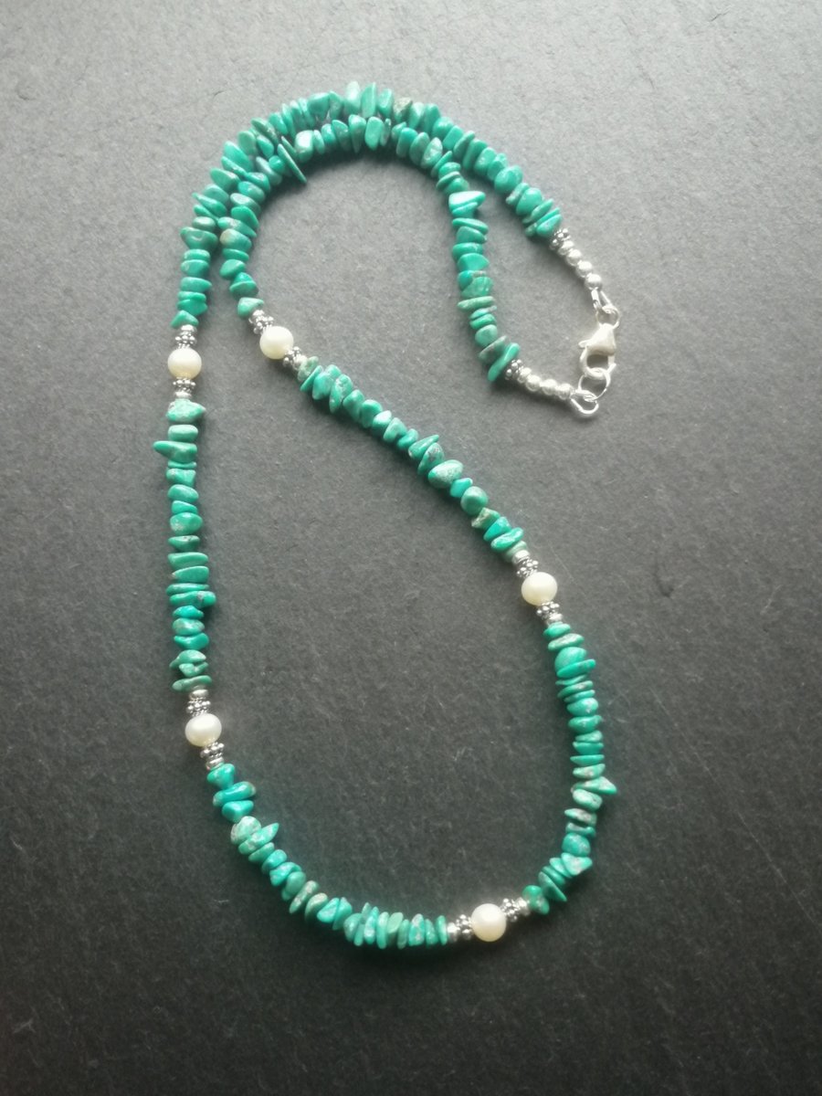 Turquoise chip, pearl and sterling silver necklace