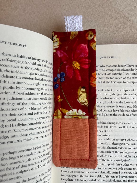 Floral Butterfly Fabric Quilted Bookmark - Red & Orange, Exposed Stitching