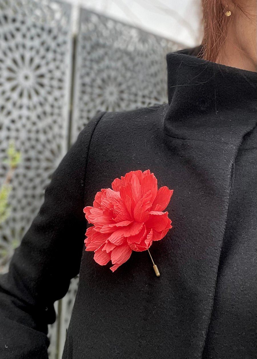 Handmade paper flower lapel pin, crepe paper coral peony, corsage accessory