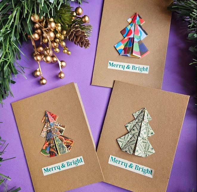 Set of Three Origami Christmas Tree Cards - Merry and Bright