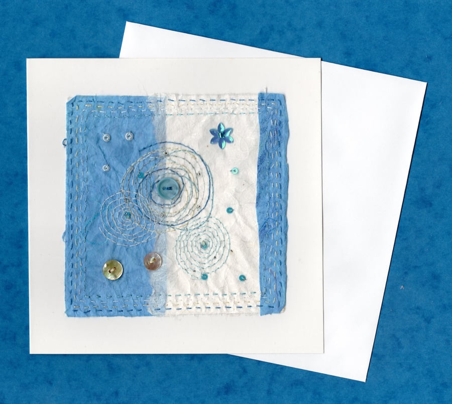 "Blue & White": Handstitched Japanese Tissue Greetings Card, with buttons