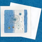 "Blue & White": Handstitched Japanese Tissue Greetings Card, with buttons