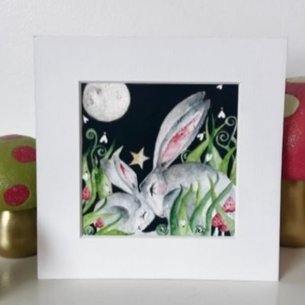 Mounted Print from my Original Resting Hares Rabbits in Moonlight Painting
