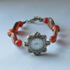 Handmade Carnelian & Czech Glass Beaded Antique Bronze Plated Watch