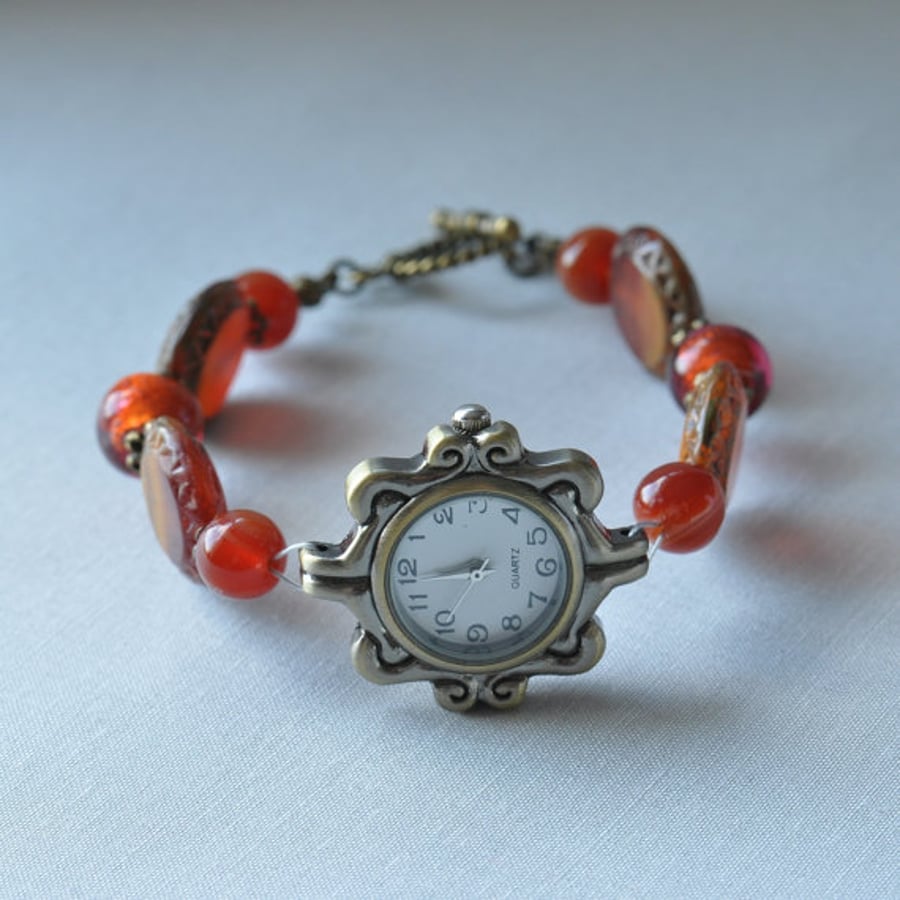 Handmade Carnelian & Czech Glass Beaded Antique Bronze Plated Watch