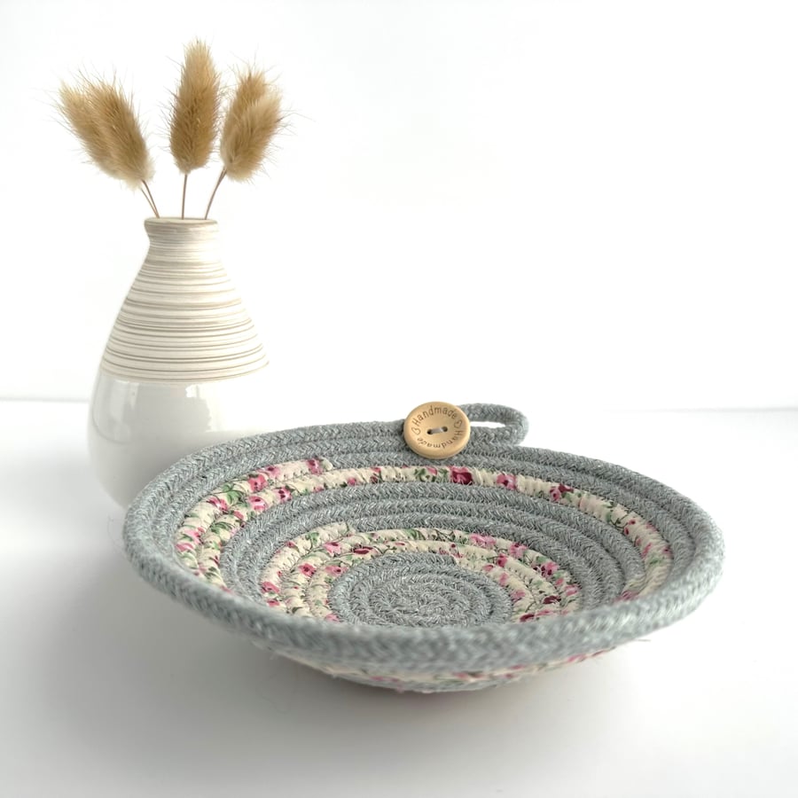 Small Grey Rope Bowl with Pink Floral Fabric Trim