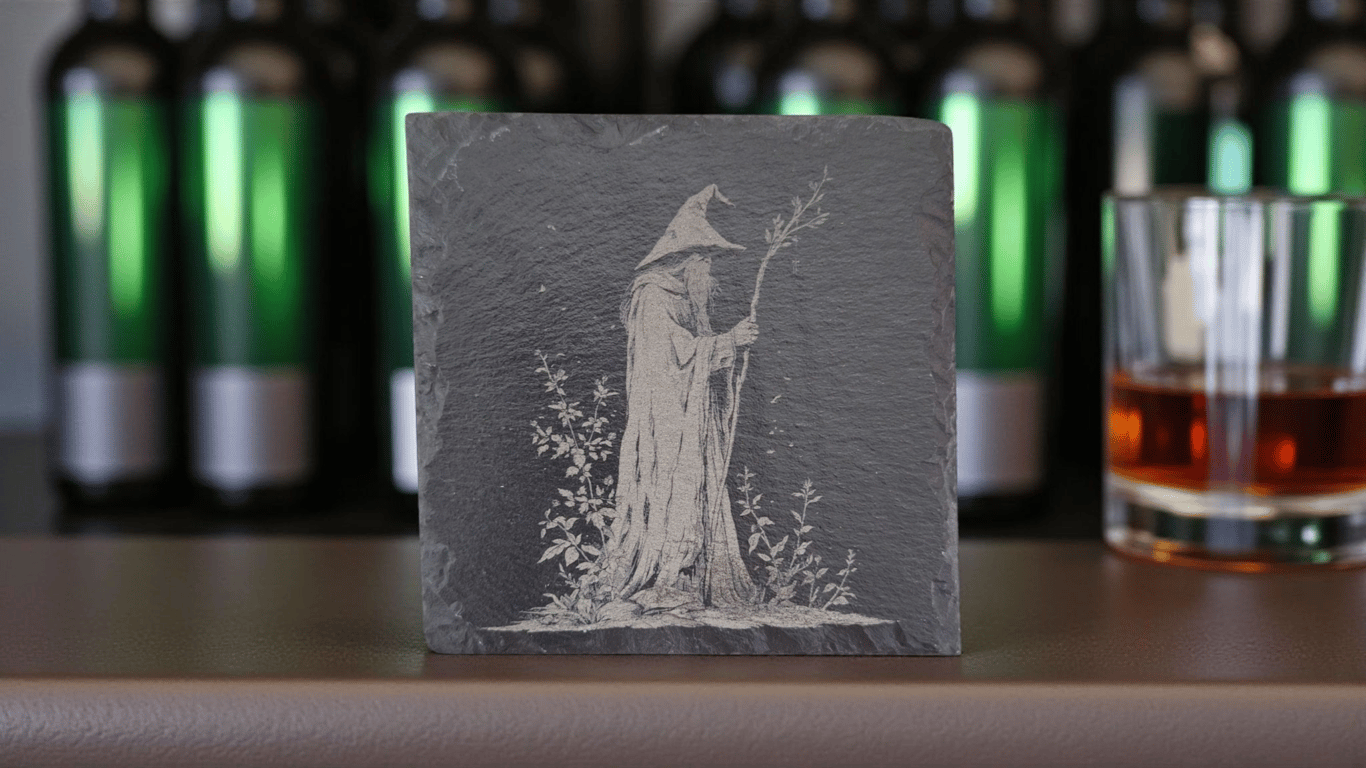 Laser Engraved Wizard Slate Coaster – Fantasy Drinkware, Rustic Witchcraft Decor