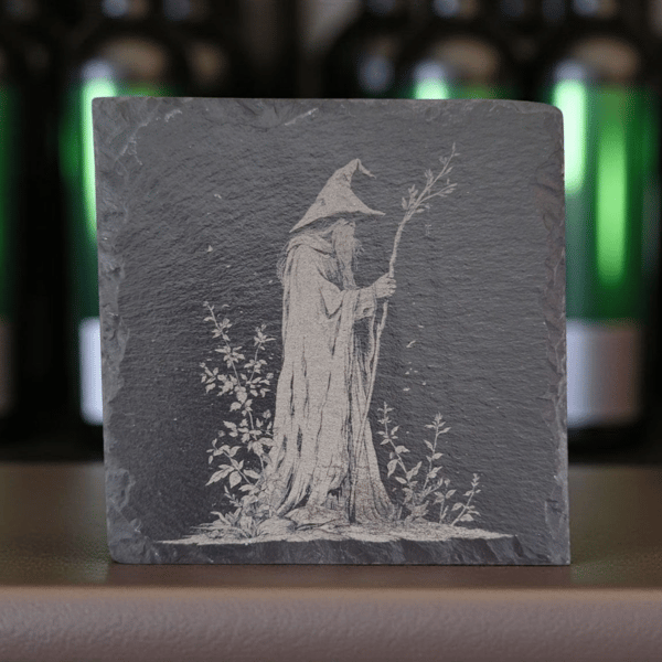 Laser Engraved Wizard Slate Coaster – Fantasy Drinkware, Rustic Witchcraft Decor