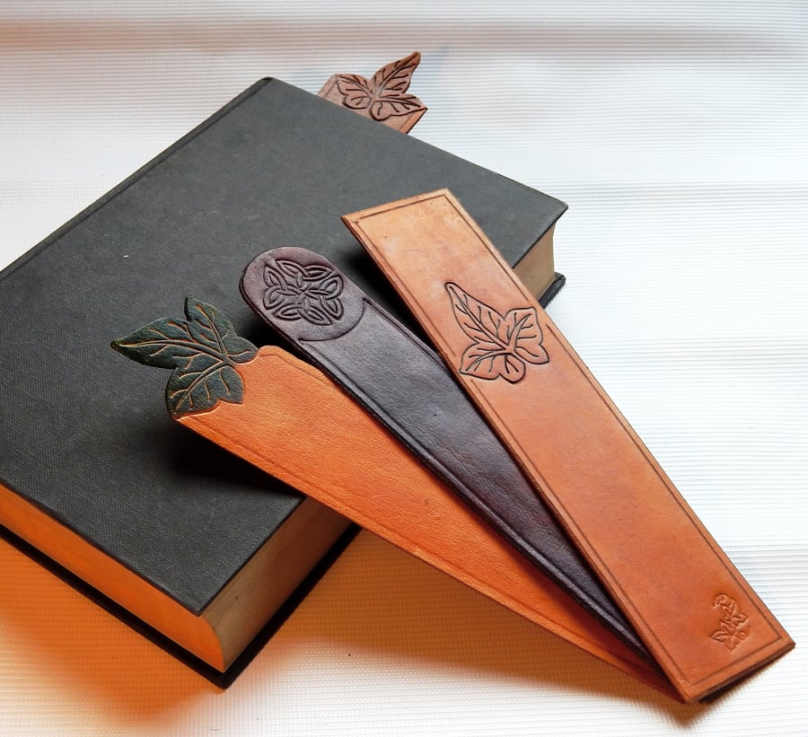 Leather bookmark with leaf or celtic knot design, can be personalised