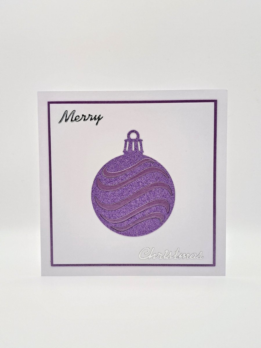 Handmade Purple Glitter Bauble Christmas Card – 5 x 5 Inch Square