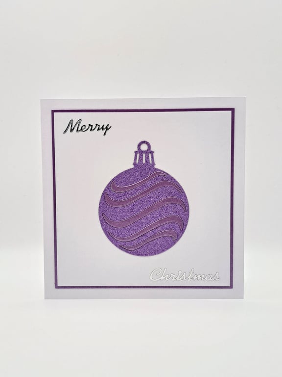 Handmade Purple Glitter Bauble Christmas Card – 5 x 5 Inch Square