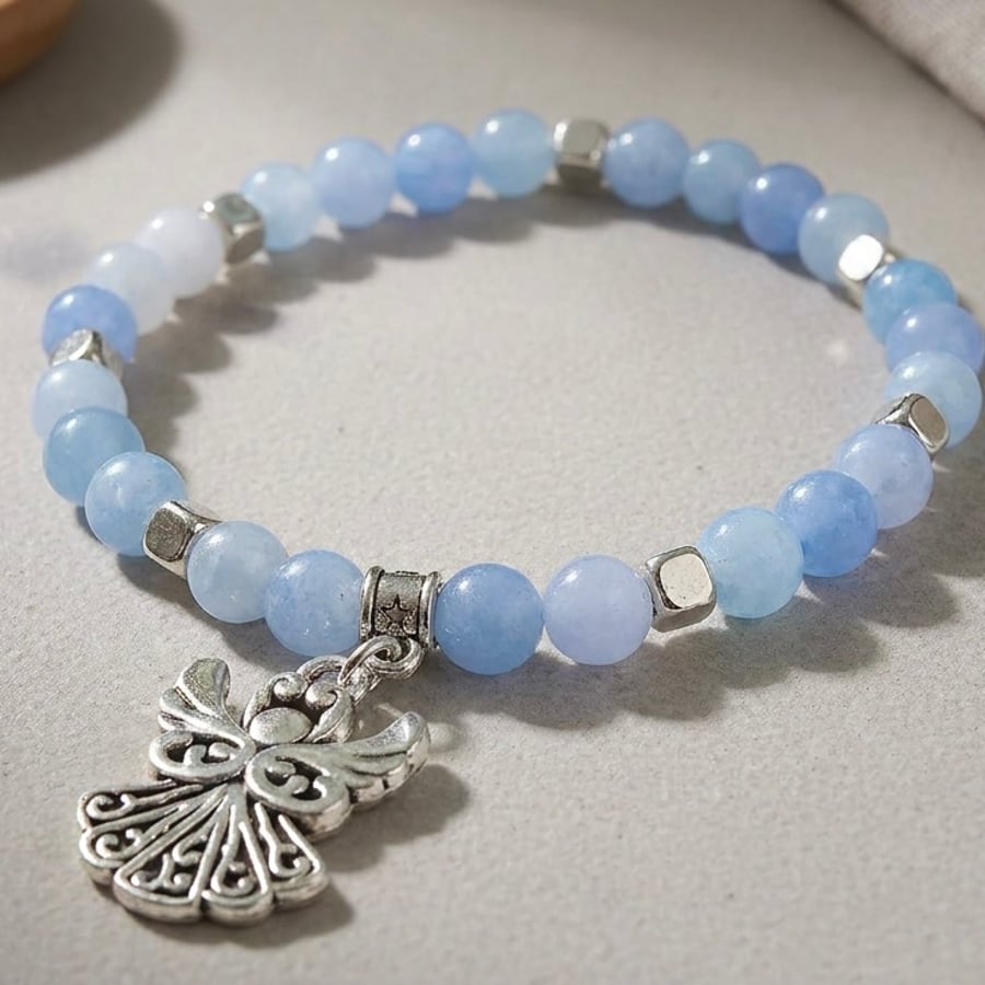 Aquamarine Bracelet with Angel Charm,March Birthday,
