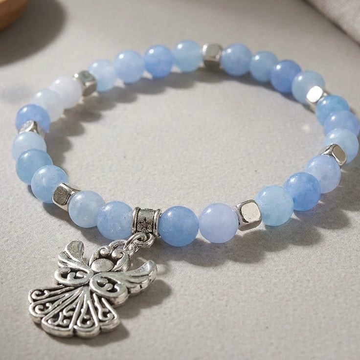 Aquamarine Bracelet with Angel Charm,March Birthday,