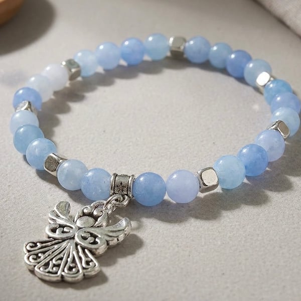 Aquamarine Bracelet with Angel Charm,March Birthday,