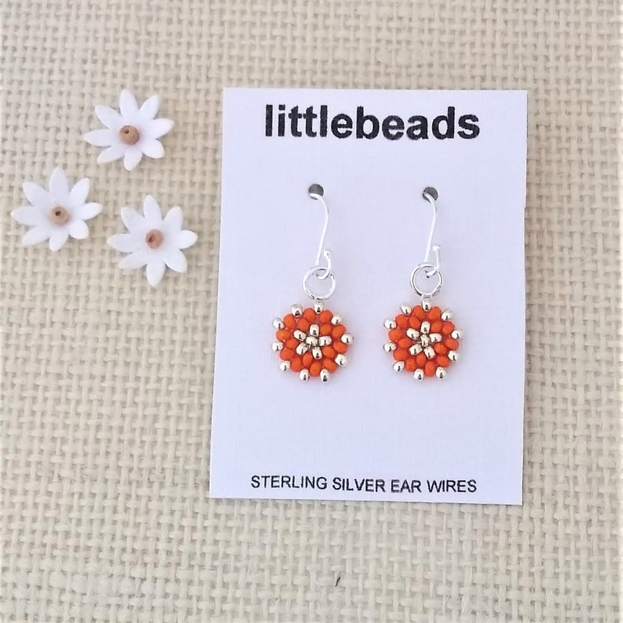 Orange and Silver Beaded Sterling Silver Earrings