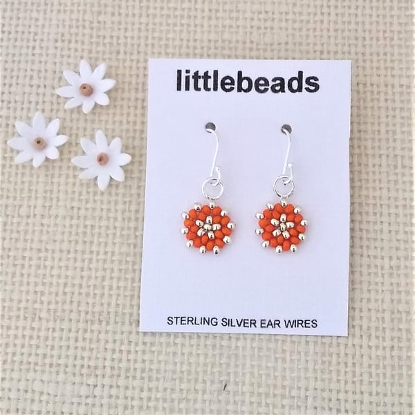 Orange and Silver Beaded Sterling Silver Earrings