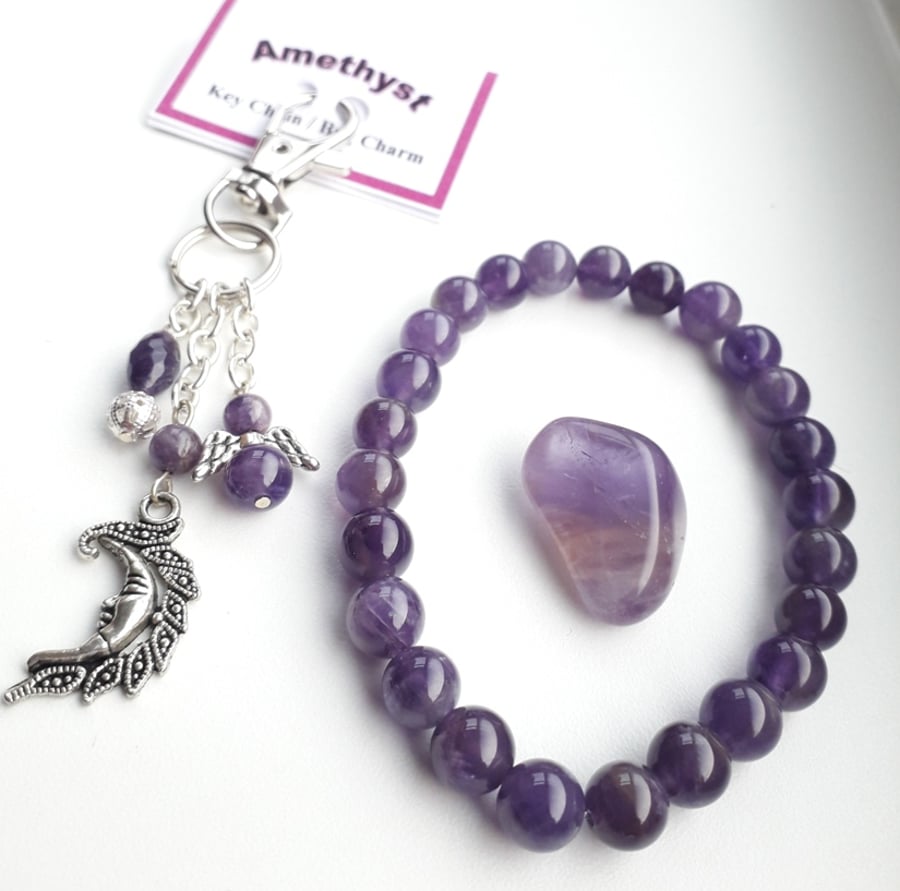 Amethyst stretch bracelet bag charm tumblestone gift set 