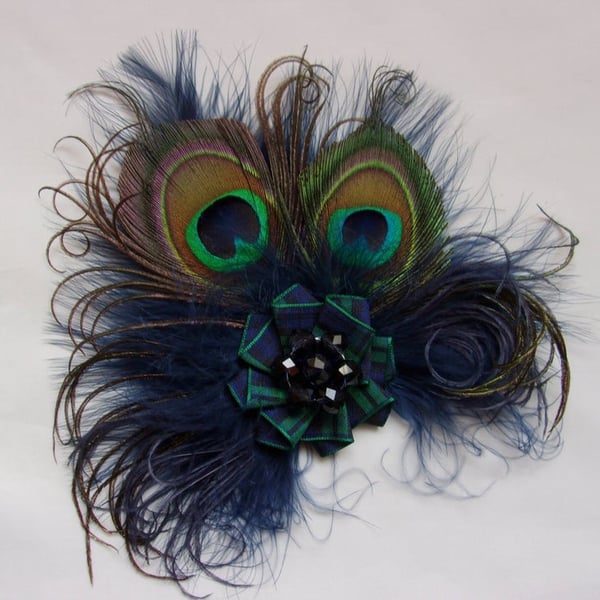 Dark Navy Blue Peacock Feather Black Watch Tartan Hair Hat Clip Fascinator 