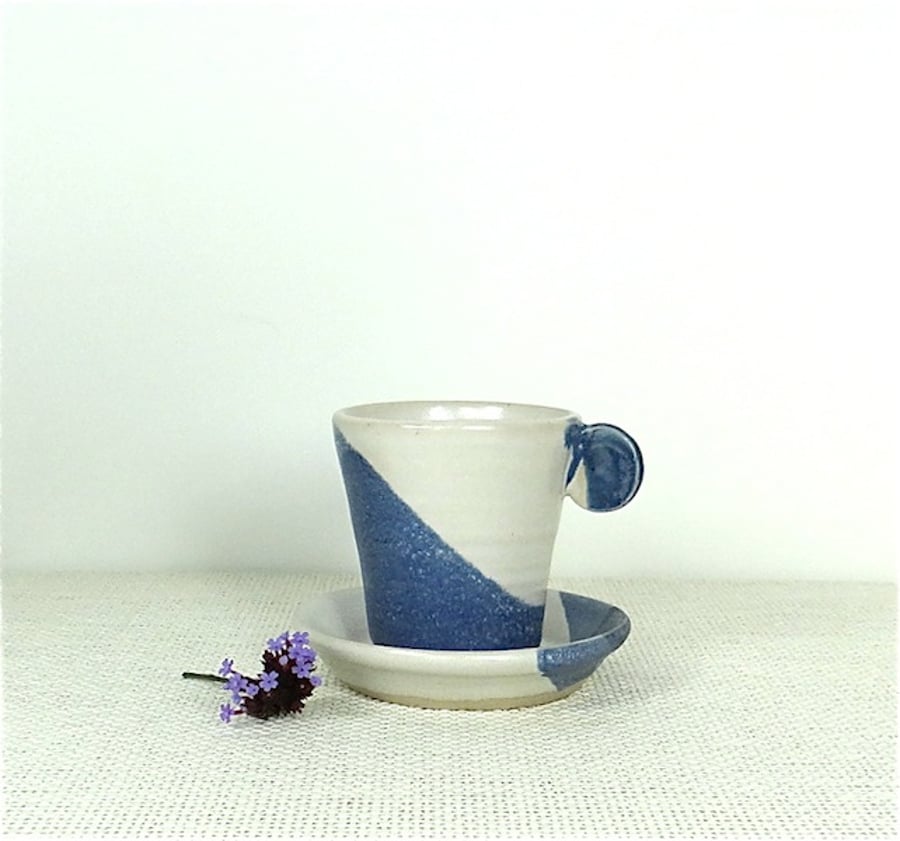 Cute Ceramic Cup & Saucer in Blue & White - Stoneware Pottery