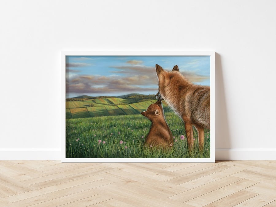 Fine art giclée print of a fox and cub