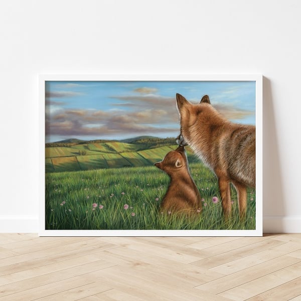 Fine art giclée print of a fox and cub