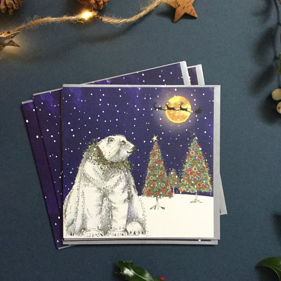 Polar bear and Santa sleigh festive cards x 6