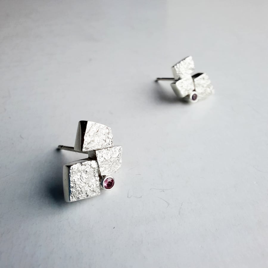 Little Textured Silver and Pink Sapphire Studs