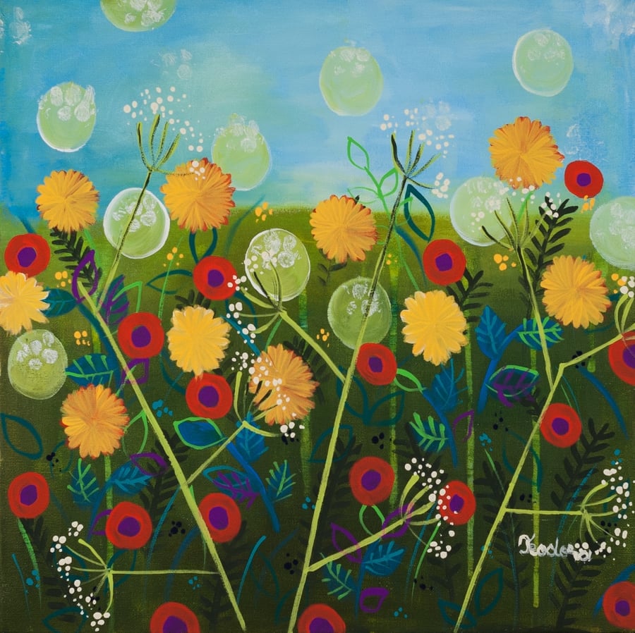 Original Acrylic Painting with Flowers, Floral Naive Artwork with Dandelions