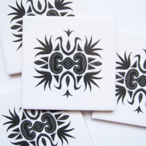 4 x Ornate Black Filigree Pattern Ceramic Tile Coasters with Cork Backing