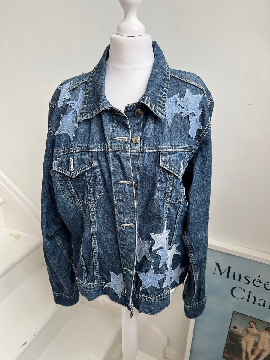 Refashioned denim jacket with denim stars detail across the front and back
