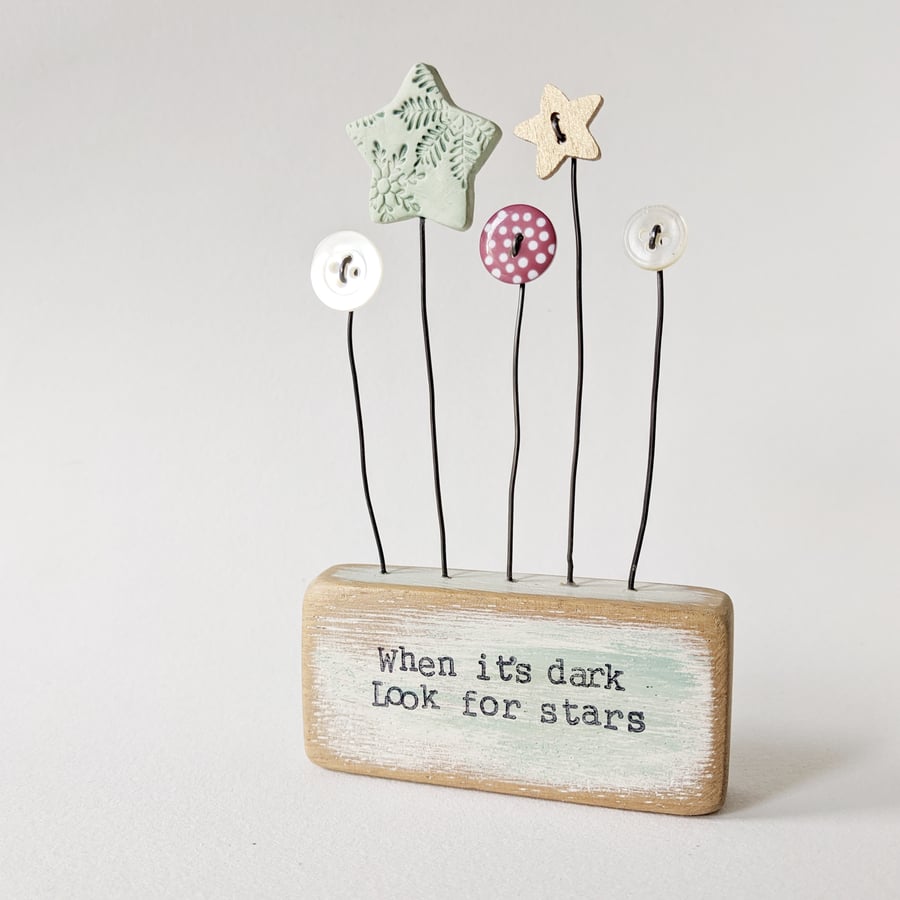  Clay Star and Buttons in a Painted Wood Block 'When it's dark Look for stars'