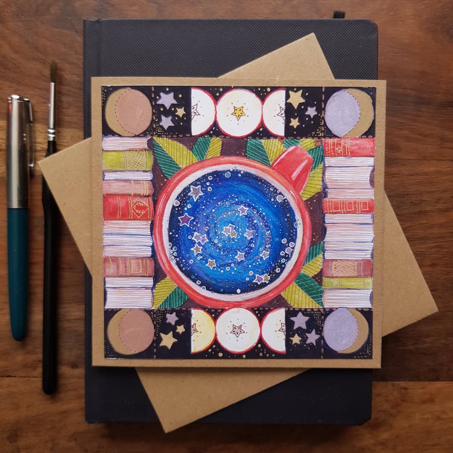 Apples, books, moon and galaxies blank card handmade from original artwork