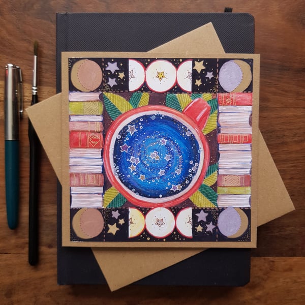Apples, books, moon and galaxies blank card handmade from original artwork