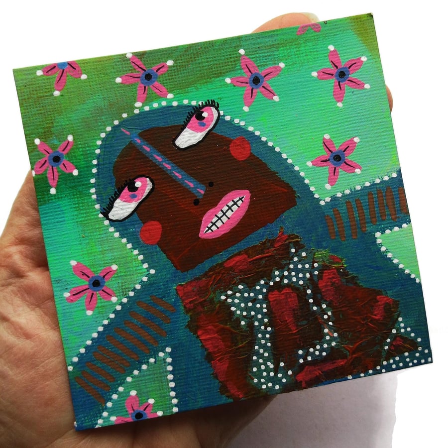 Miniature Monster Painting 4 Inch Outsider Folk Art Brut Portrait Figure Artwork