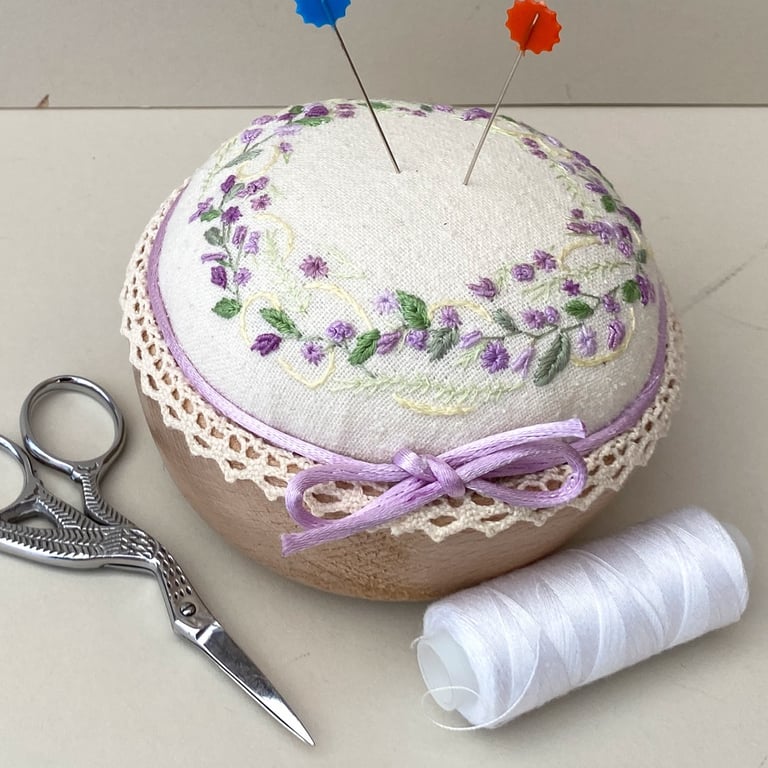 Pincushion, hand embroidered large pin cushion, sewing room keepsake gift 