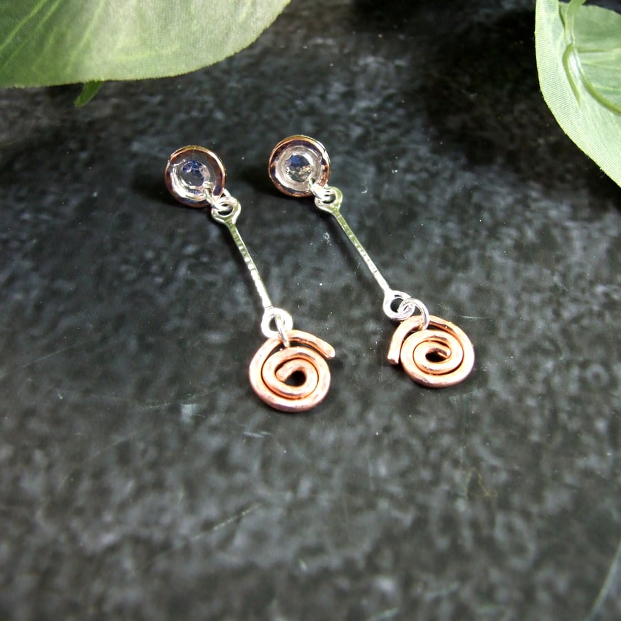 Earrings, Sterling Silver and Copper Spiral Dropper Earrings