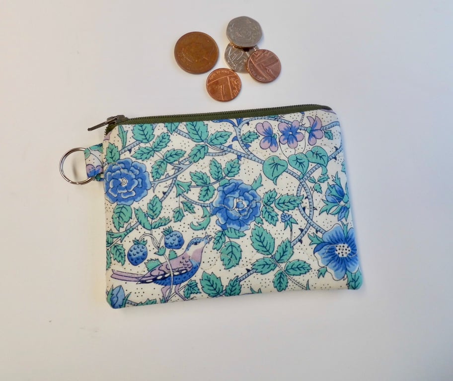 Coin purse mini make up in blue and green bird and flowers Liberty fabric 