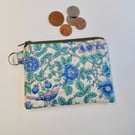 Coin purse mini make up in blue and green bird and flowers Liberty fabric 