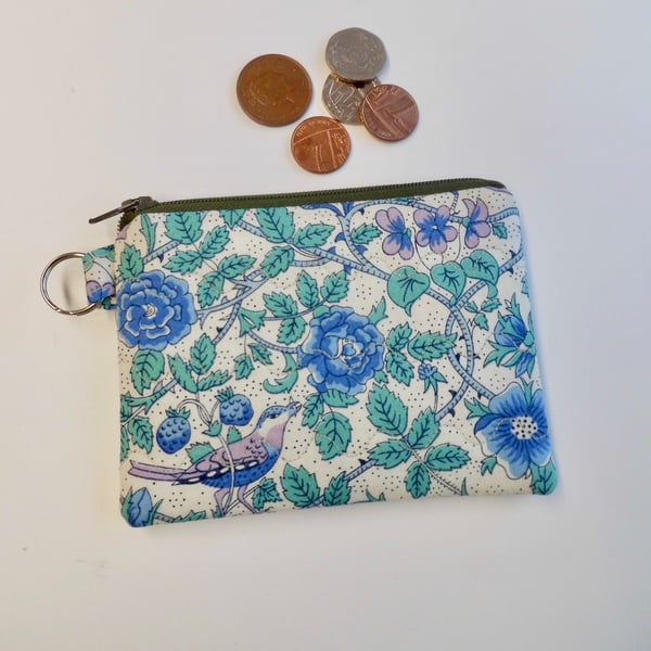 Coin purse mini make up in blue and green bird and flowers Liberty fabric 