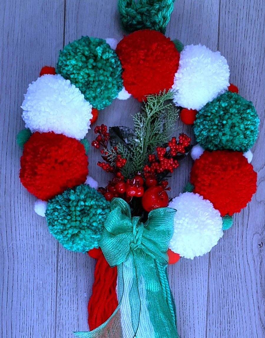 Green, White and Red Christmas Pom Pom Wreath 32cms