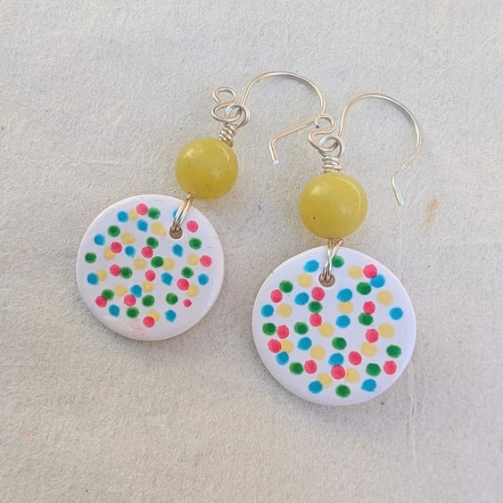 Summer confetti dotty polymer clay, yellow jade and sterling silver earrings 