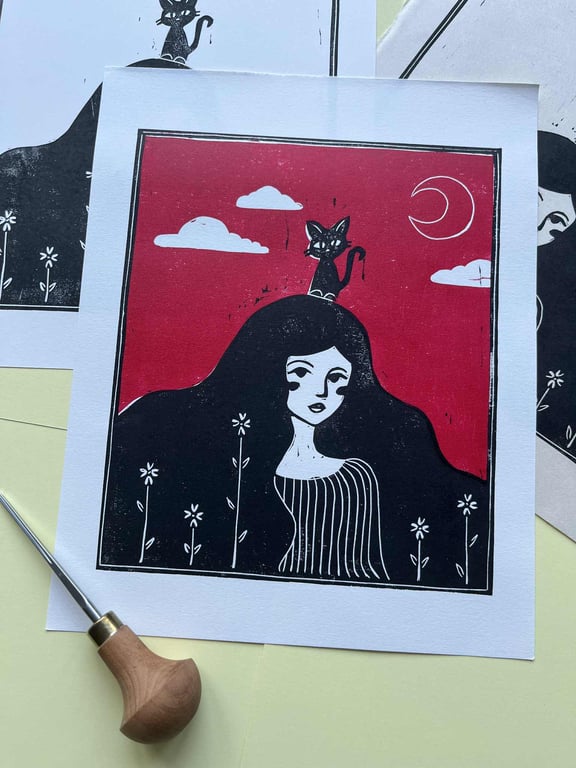 Cat Lady - original linocut print, whimsical cosy wall art (red background)