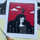 Cat Lady - original linocut print, whimsical cosy wall art (red background)