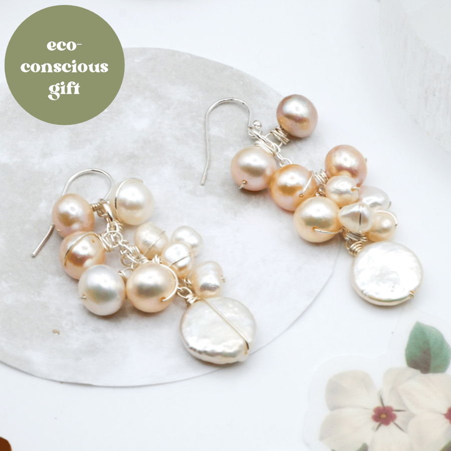 Pearl Earrings - Freshwater Baroque Peach Coin Pearl Cluster Dangle Earrings 