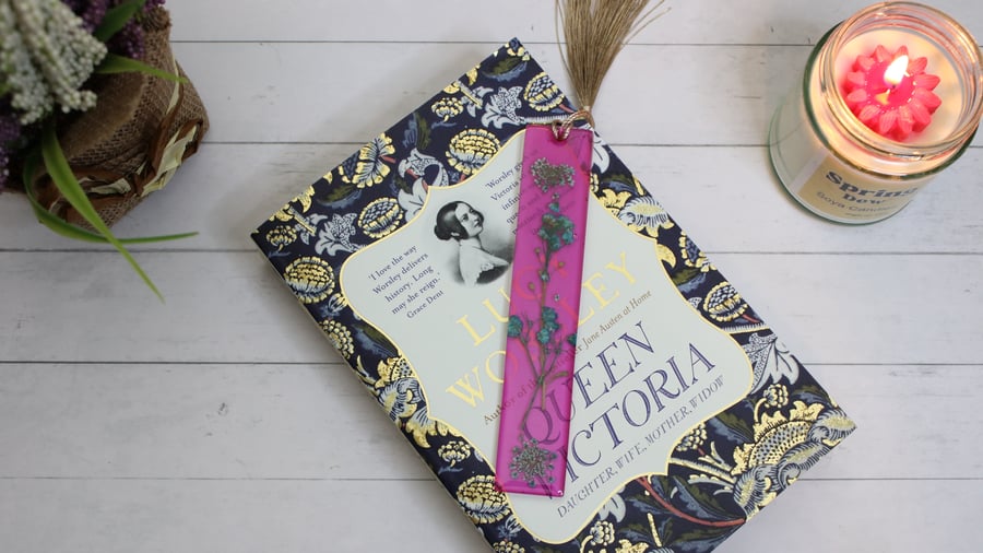 Pink Resin Bookmark with Blue Flowers