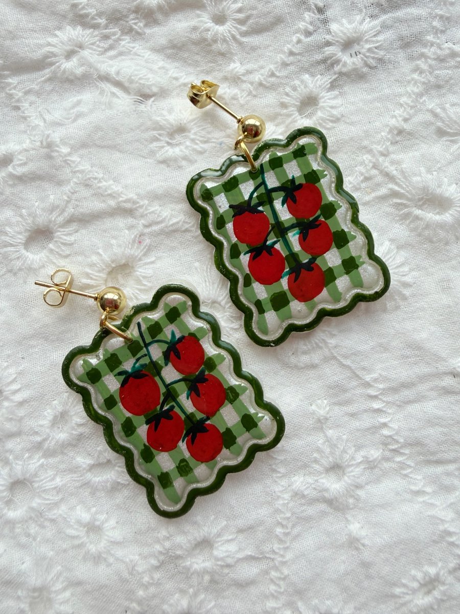 Tomato Vine Green Gingham Postage Stamp Earrings