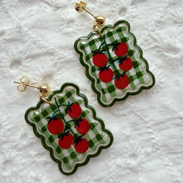 Tomato Vine Green Gingham Postage Stamp Earrings