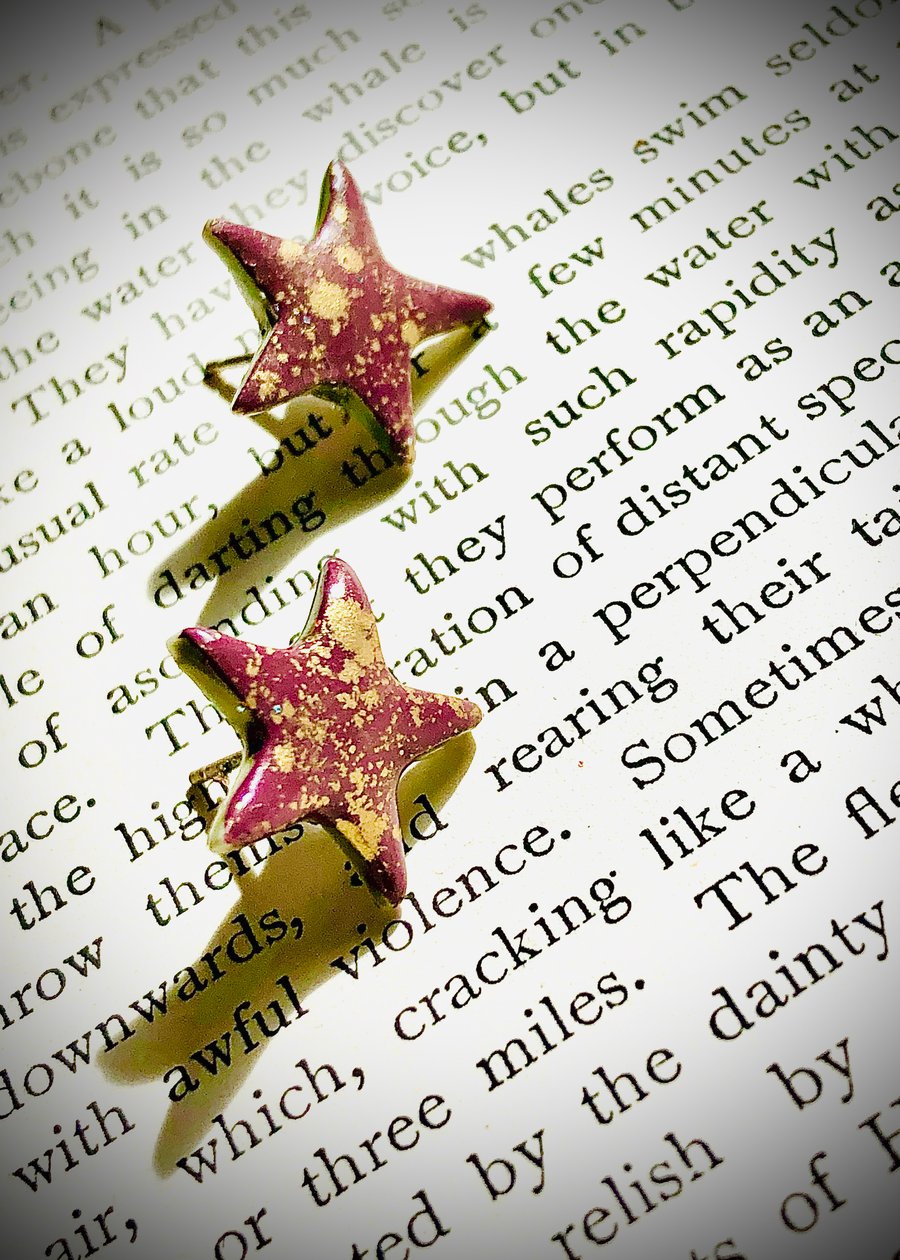 PURPLE & GOLD CERAMIC STAR EAR STUDS, handcrafted.
